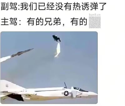 这是一张充满黑色幽默的军事梗图，图上方是战斗机主驾与副驾的对话：副驾焦急告知“我们已经没有热诱弹了”，主驾却淡定回复“有的兄弟，有的”。下方配图是一架美军战斗机的副驾驶弹射座椅弹出，同时有导弹正朝战机袭来，用荒诞的方式玩梗——将被弹射的副驾驶曲解为用来误导导弹的热诱弹，通过这种离谱的解决方案制造强烈的反差搞笑效果。