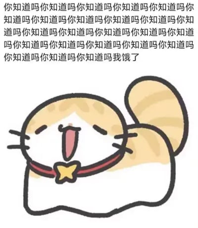 这是一张图文混排的萌系表情包，图片上半部分是大量重复刷屏的“你知道吗”文字，在连续多次的重复铺垫后，最后一句转折为“我饿了”；下半部分是一只画风软萌的Q版橘色小猫，佩戴红色项圈，项圈上装饰有黄色星星，猫咪眼睛弯起、张大嘴巴，神态活泼激动，整体营造出絮叨半天最后撒娇说出自己饿了的可爱感，契合“兽性大发睡觉梗”中用来调侃生理需求上来时忍不住絮叨的玩梗设定。
