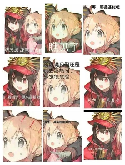 这是一组由9格漫画组成的搞笑连环梗图，使用《Fate/Grand Order》中的冲田总司（樱Saber，男性伪娘形象）与织田信长（性别反转外观的男性角色）的形象创作。剧情流程层层反转：起初织田信长形象的角色指着某处称“瞧见没 那就是大佬”，冲田总司形象的角色附和“瞧见了”，随后冲田角色惊讶表示“那、那是基佬吧”，织田角色也改口“我，看错了，原来是基佬”；冲田角色提议“所以说我们还是别去凑热闹了，感觉很危险”，织田角色安抚“别怕，我是百合”；冲田角色露出震惊表情后，慌张坦白“我怕...其实我是男的”，织田角色则淡定回应“没事，我也是男的”。整个内容利用角色原作中的性别错位设定，通过对话反转制造荒诞喜剧效果，精准戳中二次元爱好者对性别梗的趣味点。