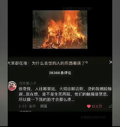 这是一张竖屏的社交媒体截图，画面顶部展示了正在焚烧物品的场景，下方是平台的搜索栏，显示热门搜索词“大家都在搜：为什么去世的人的东西要烧了？”，接着是一条来自用户“马铃薯小子”的高赞评论，该评论发布于2月23日重庆，获得12.5万点赞，内容以浪漫伤感的视角解读了焚烧逝者物品时火焰靠近自己的现象，将火焰的触碰解读为逝者的触摸。截图的顶部和底部均带有“分享群237694793”的水印，整体围绕民间焚烧逝者物品的民俗展开，传递出跨越生死的温情与思念。