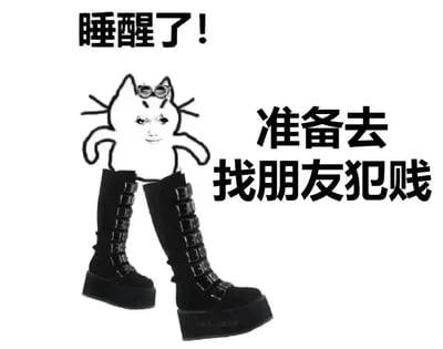这是一张经过P图改编的搞笑表情包，主体是一个创意拼接的形象：卡通猫的身体轮廓搭配上带有搞怪微笑的人脸，头顶还戴着一副迷你墨镜，下半身则拼接了一双带有多排金属扣的朋克风格厚底长靴，整体造型夸张又滑稽。图片配有两处文字，上方为“睡醒了！”，右侧为“准备去找朋友犯贱”，用玩梗的文字搭配怪异的形象，生动表现出睡醒后想要和朋友开玩笑、打闹的轻松搞怪心态，充满了朋友间互动的趣味感。