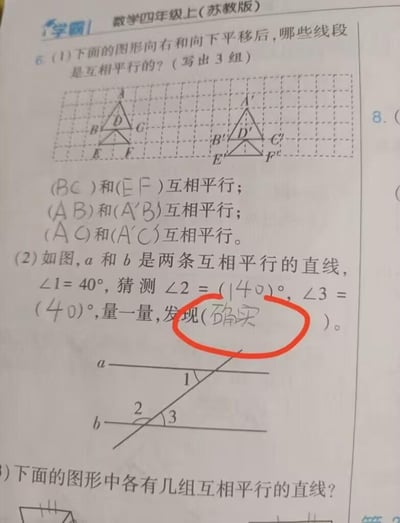 这是一张苏教版四年级上册《学霸》同步数学练习册的学生作业实拍截图，包含三道关于平行线的练习题：
1. 第(1)题是图形平移后找互相平行的线段，学生写出了3组：BG和B'C'、AB和A'B'、AG和A'C'，考察图形平移后对应线段的平行关系；
2. 第(2)题是平行线被截线所截的角度计算，已知∠1=40°，学生猜测∠2=140°、∠3=40°，最后一个空填写了口语化的“确实”，该空的正确表述应为“猜测的角度与实际测量的角度一致，验证了平行线被截时同位角相等、同旁内角互补的规律”，这个答案被红圈标注；
3. 第(3)题仅露出部分题干，要求找出图形中互相平行的直线组数。