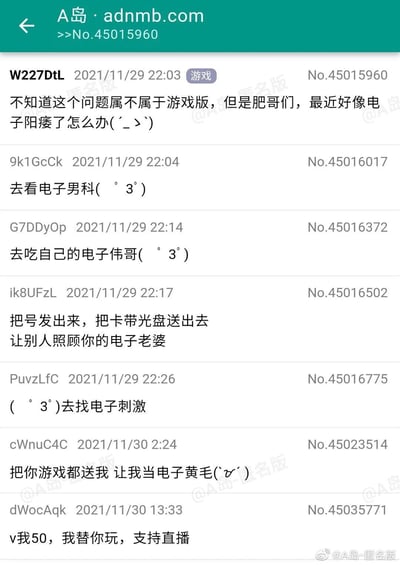 这是A岛匿名论坛游戏板块的一则用户互动内容，楼主以“电子阳痿”这一游戏玩家圈的流行梗，描述自己对游戏失去兴趣、提不起游玩动力的状态，并向网友求助。后续匿名网友们以玩梗的方式进行回复，将现实中男科相关的内容类比到“电子”领域，如“电子男科”“电子伟哥”，还延伸出“让别人照顾电子老婆”“当电子黄毛”“v我50替你玩”等搞笑内容，整个互动充满了网络社区的趣味调侃，精准贴合游戏玩家的语境，用夸张的类比制造出幽默效果。