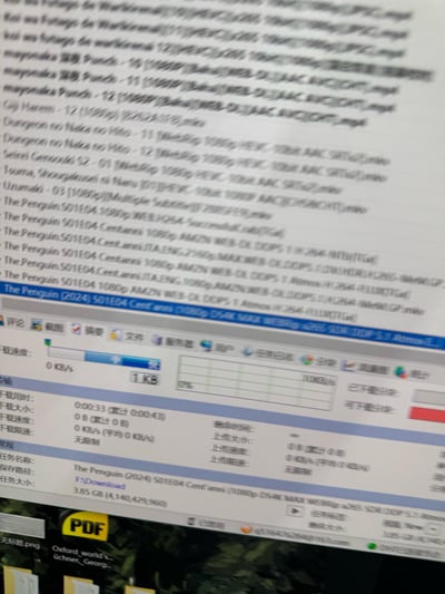 这是一张电脑屏幕的截图，展示了一款下载工具的界面：界面上方罗列着多部待下载的动漫、剧集文件，包括《Koi wa Futago de Warikirenai》《mayonaka 深度 Punch》《Giji Harem》等动漫，以及美剧《The Penguin (2024)》的多版本资源；当前正在下载的是《企鹅人(2024)》第1季第4集的1080P视频文件，文件大小3.85GB，但下载速度显示为0KB/s，下载进度完全停滞，界面还标注了下载用时、剩余时间为无穷大、累计下载量为0等信息；截图底部能看到桌面的PDF文件图标，整体呈现出影视资源下载失败、进度卡住的状态。