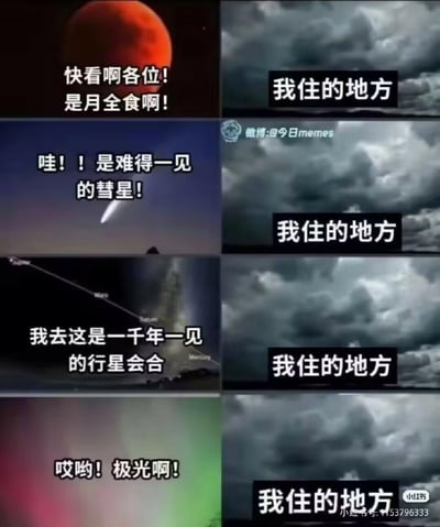 这是一张左右对比的拼接梗图，左侧依次展示了月全食、罕见彗星、千年一遇行星会合、极光这些难得一见的天文奇观，配文都是惊叹这些景观的内容；右侧则始终是同一张乌云密布的天空图，配文均为“我住的地方”，通过强烈的反差，吐槽自己所在地区天气常年不佳，根本看不到这些天文景观，充满无奈又搞笑的扎心感。