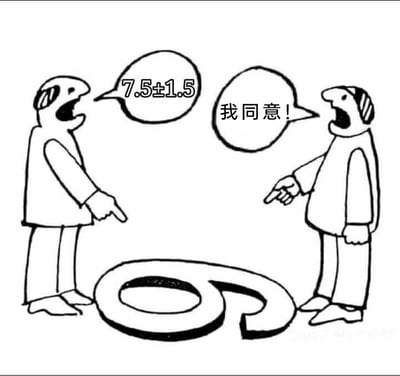 这是一幅黑白卡通静态漫画，画面呈现了两个卡通人物站在一个兼具6和9形态的立体数字两侧的场景。左侧人物张大嘴巴，手指指向地面的数字，提出数值范围“7.5±1.5”，该范围恰好覆盖6到9；右侧人物同样张大嘴巴，手指指向数字，回应“我同意！”。两人看似达成了共识，但本质是因为视角差异，一个看到的是数字6，一个看到的是数字9，而这个数值范围刚好同时满足两人的认知，形成了一种表面共识下的认知错位，讽刺了职场沟通或协商中，双方看似意见一致但实际认知完全不同的“虚假共识”现象。