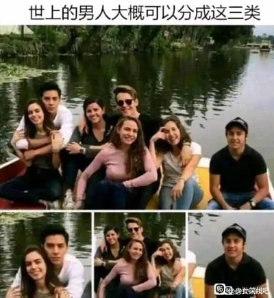 这是一张用于调侃男性不同情感社交状态的搞笑梗图。顶部是一张完整的户外船上合影，共有7人，画面里左侧的男生和身旁女生亲密相拥，中间的男生被多位女生围绕，右侧的男生则独自坐在船的另一边。下方将这张合影拆分成三部分，分别对应三类男人：第一类是拥有亲密伴侣的男性，第二类是深受女性欢迎、被女生围绕的男性，第三类是单身独处的男性。通过这种直观的图片分类方式，以幽默的口吻调侃了男性不同的社交处境，容易引发网友的共鸣。