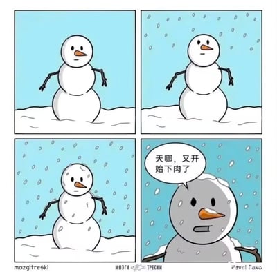 这是一幅充满错位幽默的四格卡通漫画，完整展现了雪人的搞笑经历：
1. 第一格：雪人完好地站在雪地中，表情平静；
2. 第二格：天空开始飘雪，雪人状态依旧正常；
3. 第三格：雪越下越大，雪人身上落满雪花，脸上露出疑惑的神情；
4. 第四格：雪人因积雪或污渍覆盖变得灰扑扑，它惊恐地开口吐槽：“天哪，又开始下肉了”。

笑点解析：雪人本身由雪构成，却将下雪的场景反向理解为“下肉”，完全混淆了自身的材质与外界环境，用拟人化的荒诞吐槽制造出强烈的反差感，让人忍俊不禁。