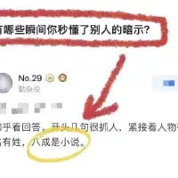 这是一张社交媒体问答社区的截图，顶部用红圈标注出问题「有哪些瞬间你秒懂了别人的暗示？」，下方是用户No.29的回复内容，并用红色箭头指向重点：「咋看回答，开头几句很抓人，紧接着人物有姓，八成是小说。」，分享了一个生活里的有趣观察：当有人讲的内容开头吸引人但只给人物姓氏没给全名时，大概率是在讲小说内容，戳中了很多经常看小说或者听别人聊小说的人的共鸣点，没有双关或谐音梗，就是生活化的趣味洞察。