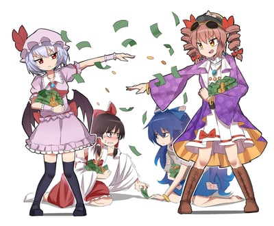 这是一张东方Project的二次创作同人漫画，画面呈现出强烈的贫富反差：红魔馆的蕾米莉亚·斯卡蕾特与神明丰聪耳神子抱着大把钞票，一脸嚣张地肆意挥洒；而缺钱的博丽灵梦（为香火钱发愁的巫女）和霍青娥（穷仙人梗）则蹲在地上，灵梦肉疼地捡起散落的钱，青娥表情无奈，手里只有少量钞票。通过角色的表情和动作，玩起了东方角色的人设梗，凸显有钱角色的挥霍与缺钱角色的窘迫的反差感。