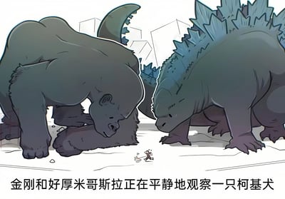 插画中两只巨大的怪兽——金刚和哥斯拉正低头平静地观察脚下一只小小的柯基犬，形成强烈的体型反差。背景有简单的城市轮廓线条，突出前景的角色互动。画面下方配有文字说明：'金刚和好厚米哥斯拉正在平静地观察一只柯基犬'。