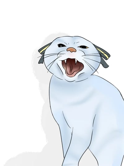 这是一幅卡通风格的插画，主体是一只浅蓝白色的猫咪，它的耳朵被设计成了带有黄边的深色发带样式，猫咪眉头紧皱，眼睛眯起，嘴巴大张露出尖牙与舌头，正处于愤怒嘶吼的状态，身体呈现前倾的姿态，背景是浅灰色的模糊底色，整体画风简洁流畅，将猫咪的暴躁情绪直观地展现出来。