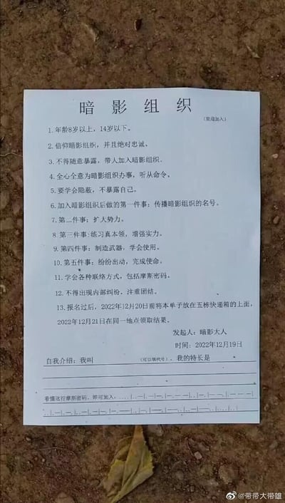 这是一张拍摄于地面的纸质招募启事，由自称「暗影大人」的发起人在2022年12月19日发布，面向8-14岁人群招募「暗影组织」成员。启事列出13条规则与任务，包括要求成员绝对忠诚、隐蔽自身、传播组织名号、扩大势力、练习本领、制造武器等，还指定了报名单投递与结果领取的时间和地点。底部设有自我介绍栏，可填写代号与特长，同时附上两行摩斯密码作为加入提示。整体内容充满小学生模仿神秘组织的中二趣味，让人联想到童年的类似搞笑创作，没有双关、谐音梗或暗示内容。