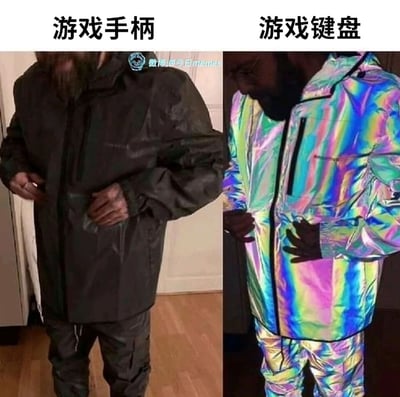 这是一张左右对比的游戏相关趣味梗图，左侧人物穿着低调的黑色哑光外套，上方标注“游戏手柄”；右侧人物穿着在光线照射下呈现出彩虹色反光效果的套装，上方标注“游戏键盘”。图中用两种服装的视觉反差，精准类比了游戏手柄外观低调、侧重实用，而游戏键盘往往带有炫彩灯光、外观更亮眼的普遍特点，生动形象地玩了游戏外设的梗，能引发游戏爱好者的共鸣。