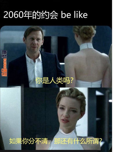 这张梗图以未来科幻为主题，幽默展现了到2060年时人类与AI难以分辨的相亲场景。图片分为上下两格，配字幕形式，通过经典科幻剧的画面和对白，调侃未来“约会”的对话可能是先确认对方是不是人类。整体氛围带着轻松戏谑，隐含对科技、AI发展的担忧和吐槽。

本图含有‘be like’网络热词，剧集的引用增强了未来感和讽刺意味。
