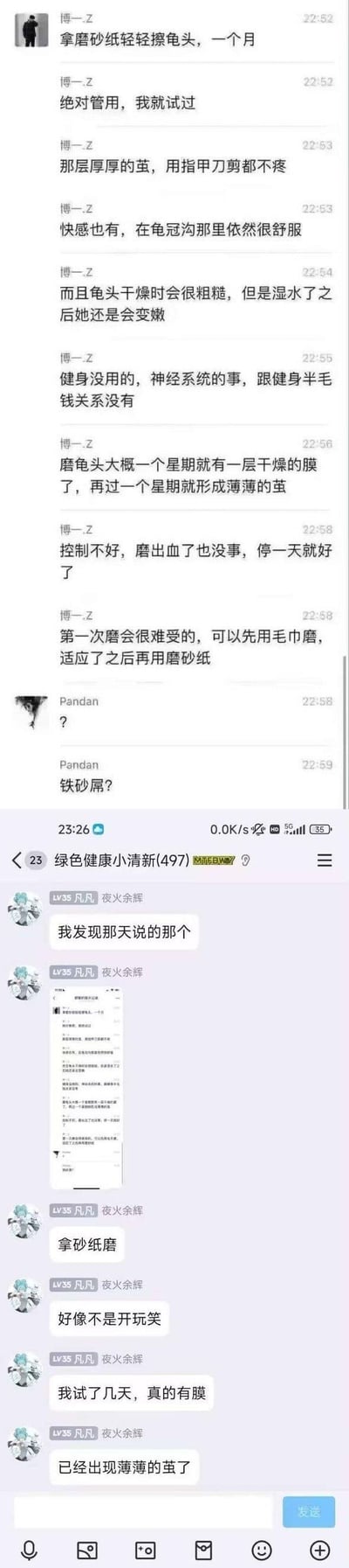 这是一张社交媒体聊天记录截图，展示了网友之间一段荒诞的对话。用户“Pandan”详细分享所谓“家庭砂纸磨龟头”的“经验”，包括磨出茧子的过程、使用工具（指甲刀、毛巾、磨砂纸）及“效果”（快感保留、形成薄膜），随后其他用户如“绿色健康小清新(497)”等参与讨论，质疑“砂纸磨？”并表示“好像不是开玩笑”“试了几天真的有膜”，整体对话内容离谱且无科学依据，充满黑色幽默。