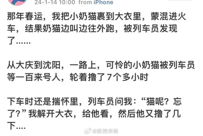 一张社交媒体截图，内容是一个关于春运期间偷带小奶猫上火车的搞笑故事。发帖人讲述自己试图把小奶猫裹在大衣里蒙混进火车，结果被列车员发现。出人意料的是，小奶猫没有被没收，反而被包括列车员在内的一百多号人轮流撸了7个多小时，直到下车时列车员还意犹未尽地又撸了几下。整个故事充满幽默和反转，展现了人们对可爱小动物的喜爱。
