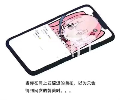图片是一部手机，屏幕上是一张粉发二次元少女头像，有液体状痕迹顺着手机屏幕流下来，结合下方的文字“当你在网上发湿湿的自拍，以为只会得到网友的赞美时。。。”，双关和暗示网络上自拍可能引发的误解或尴尬社死场面。液体象征网友的辣评或擦屏等不正经联想。整体风格自嘲、玩梗带有青春网络气息。