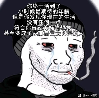 这是一张基于经典网络梗图Wojak（Feels Guy）二次创作的静态卡通图，图中是一个戴着针织帽、嘴叼香烟的男性卡通形象，他双眼泛红，脸上挂着明显的泪痕，神情满是悲伤与落寞。图上配有一段戳中当代人成长痛点的中文文案：'你终于活到了小时候最期待的年龄，但是你发现你现在的生活没有任何一点符合你曾经美好的想象，甚至变成了从前自己最讨厌的人'，精准道出了很多人在成长过程中被现实打磨，与年少憧憬渐行渐远的无奈与心酸，很容易引发共鸣。