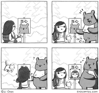 这是一组四格黑白卡通漫画，讲述了一个反转搞笑的小故事：第一格，背着背包的女生与一只猫咪在户外的“当心熊”警示牌旁路过；第二格，一只熊突然出现，愤怒地对着警示牌挥爪，显然对警示牌上标注自己为需要当心的对象感到不满；第三格，女生背过身动手更换警示牌上的图案，猫咪受惊跳开，熊则一脸疑惑地注视着女生的动作；第四格，警示牌被替换为“当心女生”，上面印着女生的严肃头像，熊看到后露出惊讶又无奈的表情，女生则淡定地站在一旁，猫咪也回到了她身边。整个故事通过熊的不满与女生的反制形成反转，制造出幽默的效果。