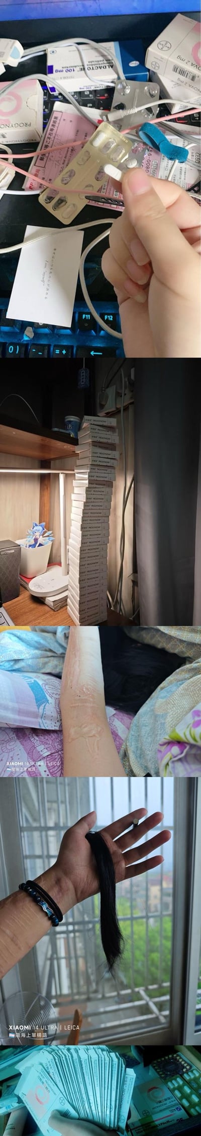 这是一组由五张照片拼接的超长图，记录了跨性别激素治疗相关的生活片段：
1. 第一张图展示了手从药板中取出药片，周围散落着PROGYNOVA（补佳乐）、ALDACTONE（螺内酯）等激素治疗药物的药盒，还有键盘、医疗票据，呈现日常服药的场景；
2. 第二张图是堆叠成高塔的PROGYNOVA药盒，体现长期大量服药的状态；
3. 第三张图展示了带有多条陈旧疤痕的手臂，暗示可能存在自伤行为，反映治疗过程中的精神压力；
4. 第四张图是手中抓着一把脱落的头发，体现激素治疗带来的脱发副作用；
5. 第五张图是大量的药物包装，再次强调服药的规模。
整体画面传递出跨性别群体在激素治疗过程中面临的身体副作用与精神痛苦。