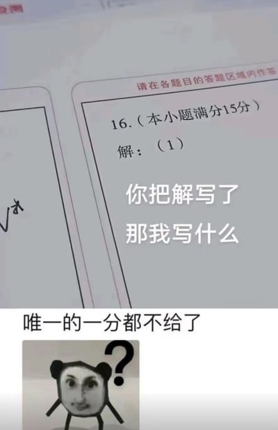 这是一张吐槽考试的搞笑梗图，上半部分是考试答题卡的答题区域截图，答题区标注要求“请在各题目的答题区域内作答”，对应一道满分15分的第16题，答题区内已经被写下了“解：（1）”；图上叠加了吐槽文字“你把解写了 那我写什么”，下方补充文字“唯一的一分都不给了”，最下方搭配了一个带大问号的抽象人脸熊猫表情包，表现出不会做大题的考生本来只想写个解拿一分步骤分，结果解已经被别人写了的无语又困惑的心情，调侃了不会做数学大题的考生的悲催处境。