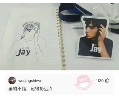 这张图展示了一位网友模仿名人“Jay”的线描手绘，与右侧的原照片对比放在一起。手绘画风极为简化、抽象，呈现出“远看还行，近看抽象”的幽默效果。底部评论“画的不错，记得扯远点”非常贴切地吐槽了手绘的抽象程度，这也是一种中国网络上流行的自嘲、玩梗方式。没有明显双关或谐音梗，但这种‘远看行近看崩’已经成为网络流行语用法，用于各种画作或结果不如想象时的自黑。