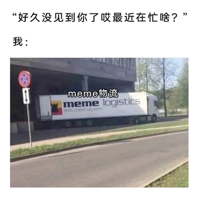 这是一张幽默的网络梗图，采用图文混排的形式，上方是他人的问候语“好久没见到你了哎最近在忙啥？”，下方以一辆印有“meme logistics”的货运卡车作为“我”的回应，还特意加注了中文“meme物流”。图中用双关的方式，将收集、传播网络meme（迷因）的行为调侃成从事“meme物流”工作，生动又搞笑地表达出自己近期沉浸在网络迷因文化中，把精力都放在和meme相关的事情上的状态，用轻松诙谐的方式回应他人的问候。