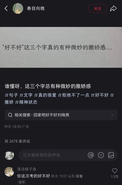 这是一张竖屏的社交媒体截图，来自用户“春自向晚”发布的笔记。笔记核心内容为感慨“好不好”三个字带有微妙的撒娇感，同时附带了#句子 #文字 #撒娇 #精神状态等多个话题标签。评论区中，用户“清汤橙子鱼”发布的评论“你这次考的好不好”打破了撒娇感的氛围，获得了1.5万次点赞，成为首评。笔记下方还显示了相关搜索内容“回家吧好不好刘晓燕”，暗示该表述可能和刘晓燕的相关内容有关，整体内容围绕“好不好”的语气感展开，充满轻松的网络趣味，目前该笔记共有2678条评论。