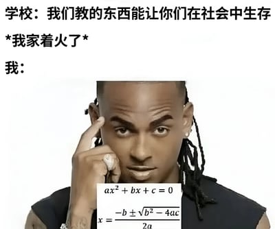 图片通过文字与真人形象结合，展现了一种幽默的对比场景。上方文字为“学校：我们教的东西能让你们在社会中生存”，中间标注“*我家着火了*”，下方是一位留着辫子的男性，他手持写有二次函数求根公式（ax² + bx + c = 0及x = [-b ± √(b² - 4ac)]/(2a)）的纸张，手指轻触太阳穴，表情若有所思。整体以夸张方式讽刺了学校教育内容与现实生活实用技能脱节的现象，当遇到“家着火”这样的紧急情况时，脑海中浮现的却是看似无用的数学公式。