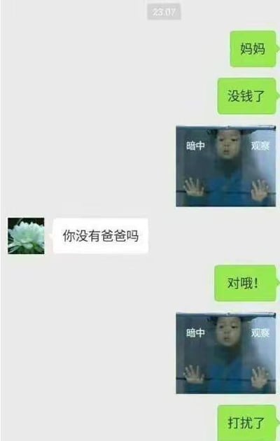 这张梗图模拟了一段微信聊天，内容是孩子向母亲要钱，但母亲回复“你没有爸爸吗”，暗指让孩子去找父亲要钱。接着孩子用“暗中观察”表情包表达无奈与无助，借此调侃父母在推卸责任时的搞笑场面。整体风格轻松搞笑，具有“打扰了”、“无奈认命”的社交网络常见幽默感。图中表情包的姿势和“暗中观察”也有网络流行的双关意味。
