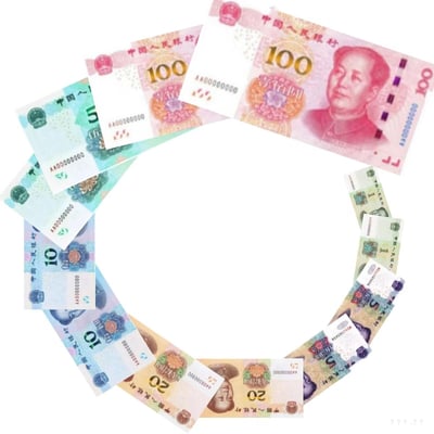 一张创意图片，展示了不同面额的人民币纸币（100元、50元、20元、10元、5元和1元）被精心排列成一个圆形。这些纸币色彩各异，从红色的100元到绿色的1元，形成了一个完整的圆环，象征着标题中提到的"幸福是个圈"的概念。整个构图简洁明了，白色背景让纸币的色彩和图案更加突出，给人一种财富与幸福循环往复的视觉感受。