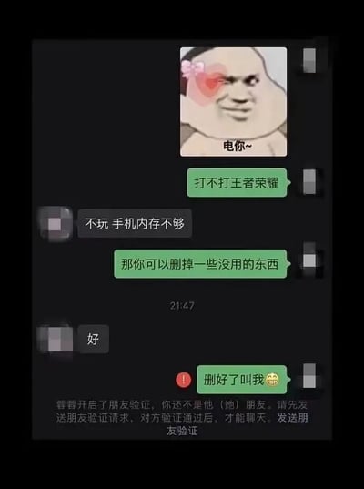 这是一张竖屏的微信聊天记录截图，画面中用户头像和昵称做了马赛克处理。对话起始是发起约玩的用户发送了一张带有粉色蝴蝶结、爱心特效的搞怪人脸表情包，配文“电你~”，随后询问对方“打不打王者荣耀”；对方（备注为蓉蓉）回复“不玩 手机内存不够”，发起约玩的用户提议“那你可以删掉一些没用的东西”，蓉蓉回复“好”，发起者接着说“删好了叫我”，结果立刻出现微信系统提示，显示蓉蓉已经将其删除好友，需要发送验证请求才能继续聊天。这个对话的笑点在于蓉蓉把发起约玩的用户当成了“没用的东西”删掉，用实际行动回应了“删没用的东西”的提议，形成了强烈的反差和搞笑效果。