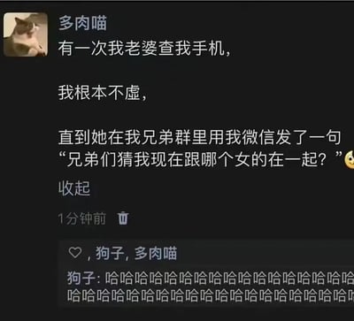 这张梗图是一个社交平台截图，用户“多肉喵”分享了自己的搞笑经历：他本来不怕老婆查手机，但老婆却用他的微信，在兄弟群发消息问“兄弟们猜我现在跟哪个女的在一起？”，让作者陷入社死危机。评论区另一位叫“狗子”的网友疯狂刷屏大笑，气氛轻松幽默，满满的网络表情包味道。

本图利用了生活中查岗现象、情侣信任与群聊恶作剧的情景，具有后撤包袱和社死双关意味，适合用于调侃情侣信任危机或者“社死现场”相关话题。