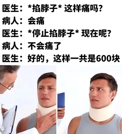 这是一张搞笑梗图，上方是医生和病人的对话文字，下方是两张左右排列的图片。左边图片显示一位戴眼镜的医生正在检查一位戴着颈托的男病人的脖子，右边图片显示病人单独的特写表情。对话内容是医生通过简单的检查动作就收取600元费用，形成幽默的反差效果。