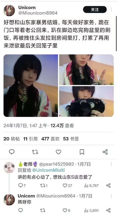 该图片为社交媒体截图，用户发布包含极端暴力倾向的不当言论，内容涉及对家庭暴力的错误描述，随后有其他用户进行不当回应。图片中包含多张人物自拍照片。