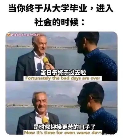 这是一张上下拼接的对比式梗图，顶部配有引导文字“当你终于从大学毕业，进入社会的时候：”。图中呈现的是一个新闻采访场景，被采访的老年男性在第一张图中配文“苦日子终于过去啦”，对应毕业生完成学业后以为摆脱了校园压力的心态；第二张图中他的配文变为“是时候迎接更苦的日子了”，精准戳中了当代年轻人从校园步入社会后，将面临职场竞争、生活成本、社会压力等更艰难处境的现实。整张图用幽默又扎心的方式，调侃了毕业生从校园到社会的巨大落差，极易引发刚毕业群体的情感共鸣。