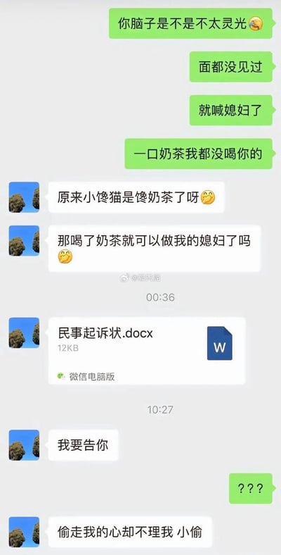 这是一张微信聊天截图式表情包，内容模拟了一对网友之间的戏谑性对话。女生（绿色气泡）调侃男生脑子不灵光、面都没见过就想认“媳妇”，甚至连一口奶茶都没喝过对方的。男生（蓝色气泡）则顺着话茬，玩笑般揪住“奶茶”梗，自称“傻奶茶了”，并抛出“喝了奶茶就能做媳妇吗”。随后戏剧性地发来一个名为“民事起诉状.docx”的文件，继续玩梗，最后再自称“偷走我的心却不理我 小偷”，回归到恋爱玩笑语境。整体氛围轻松幽默，充满网络用语和生活化情趣。涉及到“奶茶=恋爱”“起诉=吃醋”等双关设定，体现现代年轻人恋爱调侃文化和网络梗趣。