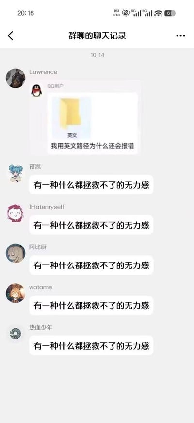 这是一张QQ群聊记录截图，显示用户Lawrence发送了一张带有黄色文件夹（标注'英文'）的截图，并提问'我用英文路径为什么还会报错'。随后其他群成员（夜思、I-hotemyself、阿比厨、watame、热血少年）相继发送相同的评论'有一种什么都拯救不了的无力感'，形成了有趣的刷屏效果，展现了面对技术问题时的集体无奈情绪。