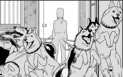 这是一张黑白漫画扫描图，画面呈现了一个充满活力的室内场景：一个没有五官的无脸人背对着镜头站在门口位置，手中攥着多条狗绳，前方一群哈士奇模样的狗狗们正兴奋地前爪抬起，纷纷张开嘴巴吐着舌头，脸上满是欢快激动的神情，看起来像是在期待出门玩耍，或是刚见到主人时的热烈反应。无脸人的简洁形象和狗狗们的活泼形成鲜明反差，生动展现了养多只宠物时那种被热情包围的日常氛围，没有双关或谐音梗等特殊含义。