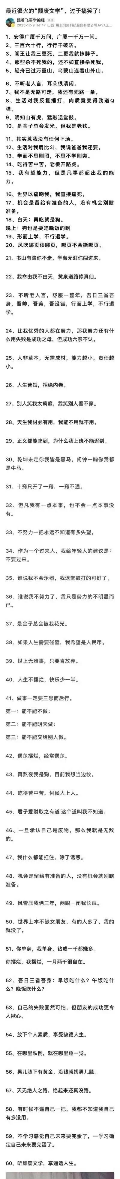 这是一张竖屏纯文字超长图，集合了60条当下网络流行的“颓废文学”段子。这些段子大多改编自国人熟知的经典古诗文、俗语、励志口号，通过反转原意、加入自嘲、摆烂、反内卷的内容，制造出强烈的反差笑点，精准戳中当代年轻人在职场、生活、学习中面临的压力与疲惫，用幽默的方式表达对内卷的抗拒、对轻松生活的向往，比如将“天生我材必有用”改编为“我能不用就不用”，“是金子总会发光”改成“是金子总会被我花光”，每一条都用接地气的调侃传递出年轻人的情绪。