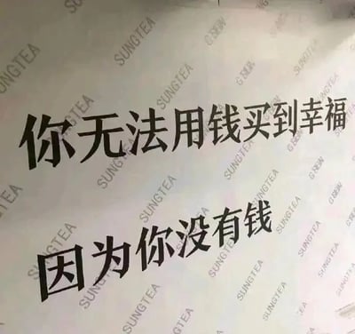 这是一张顶配底文形式的静态纯文字梗图，背景是印有重复“SUNGTEA”字样的浅色纸张，主体是两行醒目的黑色大字：第一行是“你无法用钱买到幸福”，第二行是“因为你没有钱”。图中文字采用反转的逻辑，打破了“金钱买不到幸福”这类常规鸡汤的正向表述，用扎心又幽默的方式调侃没钱的处境，制造出反差笑点，容易引发网友的共鸣。