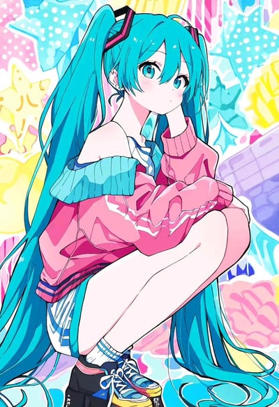 这是一幅动漫风格插画，描绘了著名虚拟歌手初音未来。画面中，初音未来有着标志性的蓝绿色双马尾长发，头发上戴着红色发饰。她穿着一件粉色的露肩毛衣，内搭蓝白条纹的衣物，下身穿着短裤和蓝白条纹长袜，脚上是一双彩色运动鞋。她采取蹲坐姿势，双臂环抱膝盖，单手托腮，表情平静地望向一侧。背景是由多种颜色的星星和几何图形组成的绚丽图案，整体色调明亮活泼，充满青春气息。