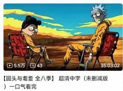 这是一张视频平台的封面截图，属于P图改编的合成卡通作品。画面将《瑞克和莫蒂》的瑞克、《间谍过家家》的阿尼亚进行角色合成，让二者身着《绝命毒师》标志性的黄色防护服，坐在荒漠中的折叠椅上，还原《绝命毒师》的经典名场面。下方的视频信息显示播放量5.5万、弹幕数43、总时长35小时03分02秒，视频标题使用谐音梗，将《瑞克和莫蒂》调侃为“圆头与耄耋”——“圆头”对应头型圆润的阿尼亚/莫蒂，“耄耋”对应老年角色瑞克，以此制造趣味恶搞效果，吸引观众点击观看超长合集视频。