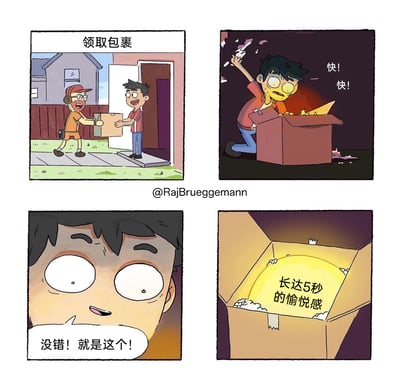 这是一幅四格幽默卡通漫画：第一格呈现了收件人在家门口欣喜地从快递员手中接过包裹，上方标注“领取包裹”；第二格中，收件人急切地跪在地上，疯狂拆解包裹，口中大喊“快！快！”，包裹内部透出明亮的光；第三格，收件人瞪大双眼，激动地说道“没错！就是这个！”；第四格揭晓包裹内的物品，是一个写着“长达5秒的愉悦感”的发光物体，用夸张且反差的方式调侃了当代人网购拆快递的情绪体验——等待许久的包裹拆开后，那种满足的快乐其实只有拆开瞬间的短短几秒，充满生活讽刺趣味。