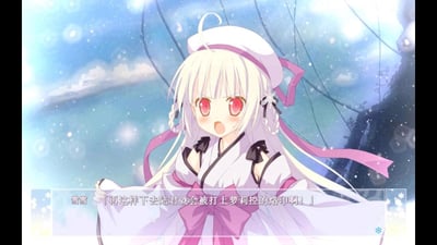 这是国产GALGAME《雪之本境》的游戏截图，画面中的角色雪雪有着金发红瞳，身着白粉色系的和风萌系服饰，在飘雪的梦幻背景下，她瞪圆眼睛、张开嘴巴，一脸着急激动地大喊，下方的对白显示她在担忧陆君会被打上萝莉控的烙印，充满了二次元的萌趣感，也玩了“萝莉控”的网络梗。