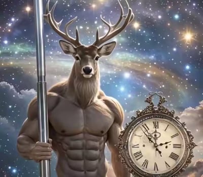 这是一张AI生成的超现实合成静态图，画面核心是一个融合了雄鹿头部与人类健硕肌肉身躯的奇幻生物，它左手紧握着一根银色金属长杆，身体右侧悬挂着一块带有精致雕花边框的复古怀表，怀表表盘为罗马数字刻度，显示时间约为5点53分。背景是布满璀璨繁星与朦胧星云的浩瀚星空，下方点缀着少量云层，将完全不相关的动物、人类、复古物件与宇宙元素结合，营造出荒诞又神秘的奇幻氛围。