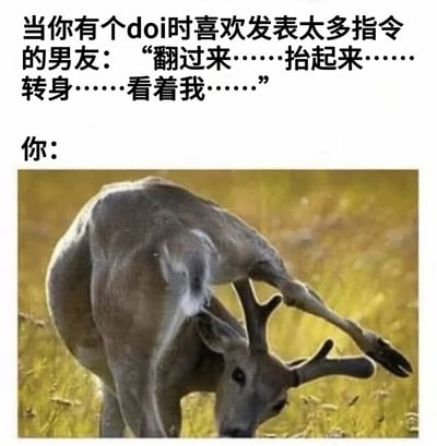 这张梗图用幽默的方式描绘了当男友在亲密时刻给出过多指令时的搞笑场景。上方文字描述男友一连串的指令："翻过来……抬起来……转身……看着我……"，下方配图是一只鹿正以极其扭曲的姿势挠痒，完美呼应了文字中那种被过多指令弄得不知所措的尴尬处境。