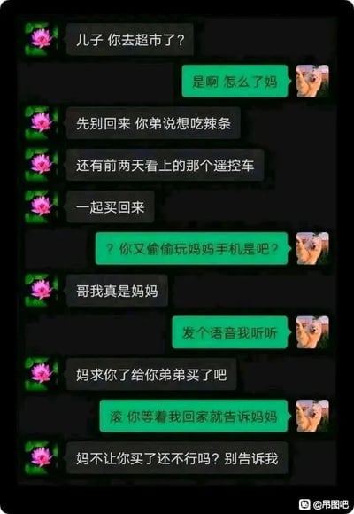 这是一段充满趣味的家庭聊天记录截图，弟弟偷拿妈妈的手机，用妈妈的账号给正在超市的哥哥发消息，先是以妈妈的口吻让哥哥给弟弟带辣条和之前看上的遥控车。哥哥很快察觉不对劲，怀疑是弟弟偷玩妈妈手机，要求对方发语音验证身份。弟弟情急之下说出“妈求你了给你弟弟买了吧”，这句话直接暴露了自己的真实身份。哥哥识破后愤怒地放狠话，说回家就告诉妈妈，弟弟立刻服软，改口表示不让哥哥买了，只求哥哥不要告发自己，整个对话反转十足，充满了兄弟间日常互动的搞笑感。