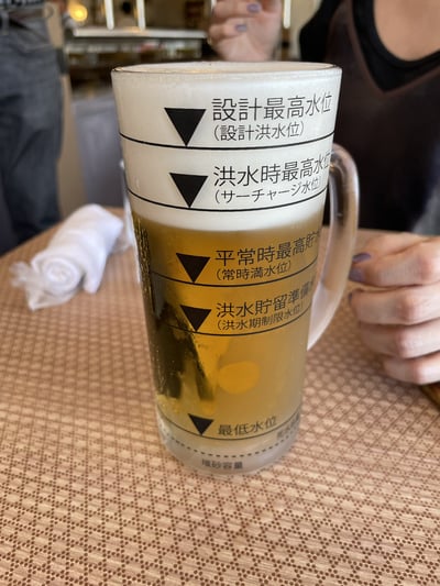 这是一款充满创意的啤酒杯，杯身印有模仿水库水位监测的专业刻度与文字，从下到上依次标注「堆砂容量」「最低水位」「洪水貯留準備水（洪水期制限水位）」「平常時最高貯水（常時滿水位）」「洪水時最高水位（サーチャージ水位）」「設計最高水位（設計洪水位）」。杯中的啤酒（包含顶部泡沫）刚好达到「洪水時最高水位」的位置，将严肃的水利工程概念与日常喝啤酒的场景结合，用一本正经的专业术语调侃倒啤酒的量，制造出强烈的反差感，充满趣味性，能为餐饮场景增添欢乐氛围。